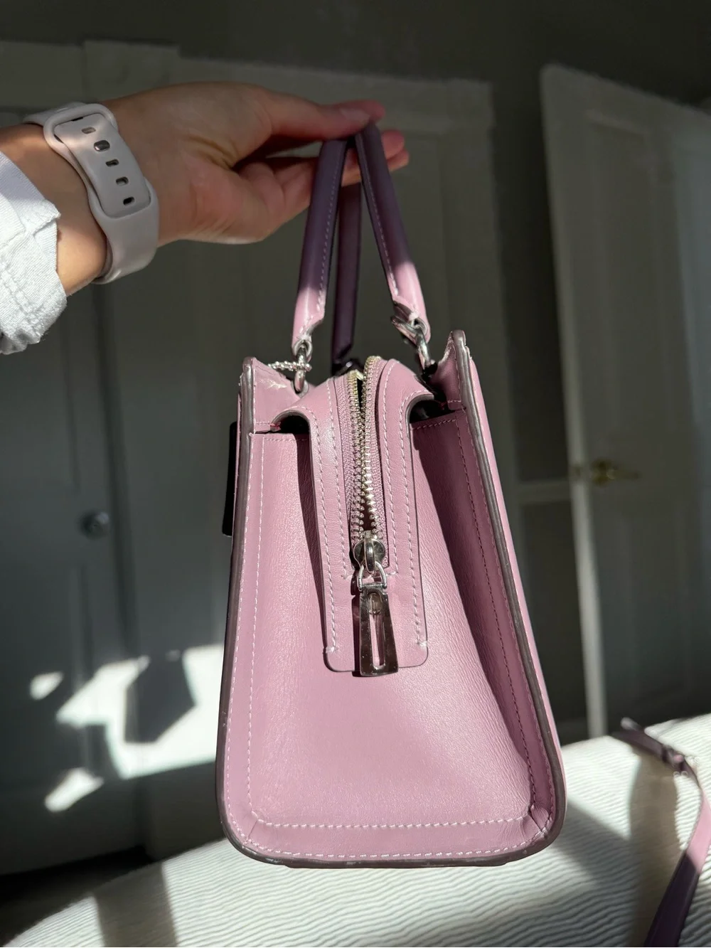 Coach Zoe Carryall Lilac Leather Satchel with Silver Padlock Charm